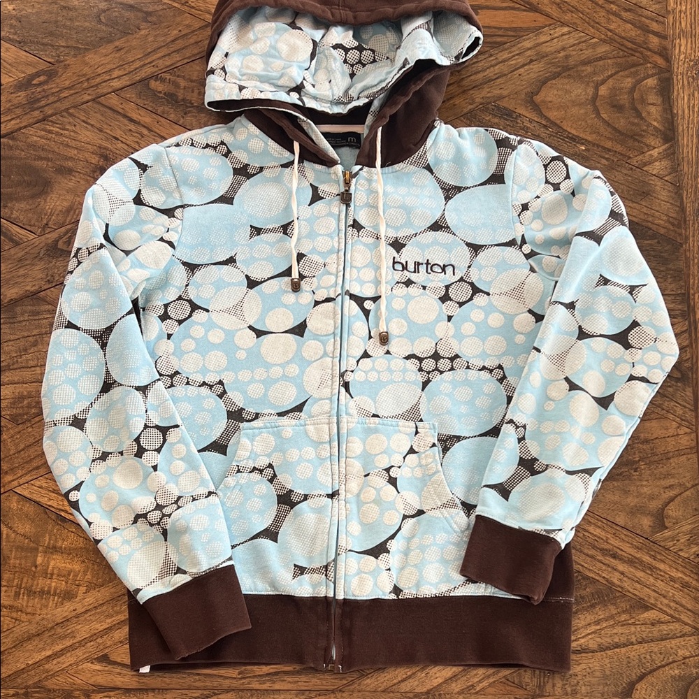 Burton Kids full Zip Hoodie, Brown with Blue Dots, Double Hood, Pockets, Size M